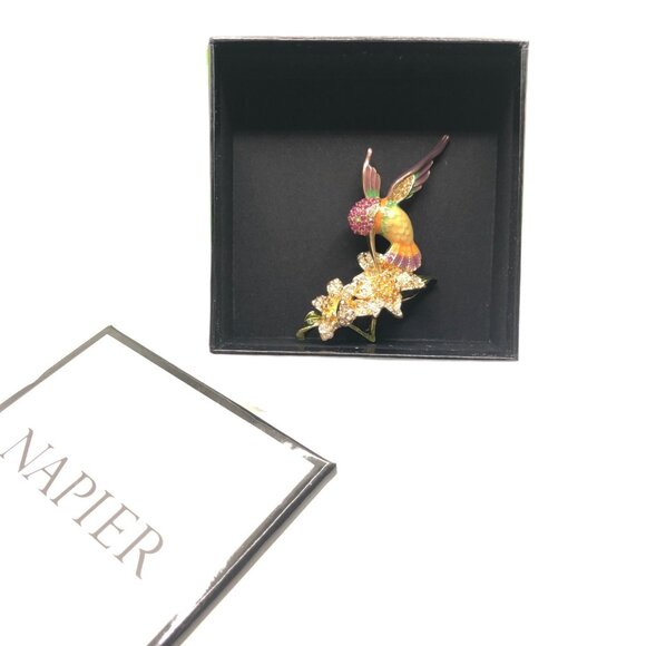 Signed Napier Hummingbird Enamel Rhinestone Brooch w/ Box - Picture 5 of 14